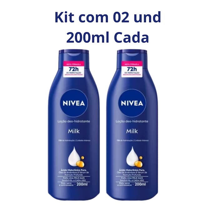 Kit 02 Hidratantes 200ml NIVEA Milk Corporal com Ácido Hialurônico 72hs de Hidratação profunda
